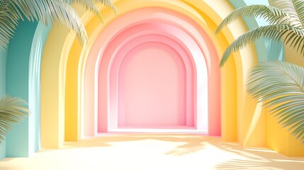 Pastel Arches with Palm Fronds Light and Shadow in a Tropical Color Palette Rendering