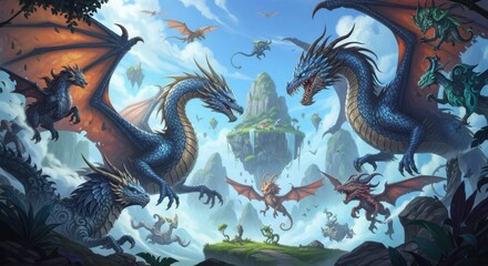 Fototapeta premium Epic Fantasy Battle of Majestic Dragons and Mythical Creatures in a Sky Kingdom
