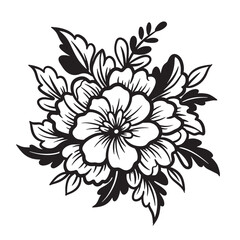 Elegant floral design in black and white featuring detailed flower and leaf illustrations