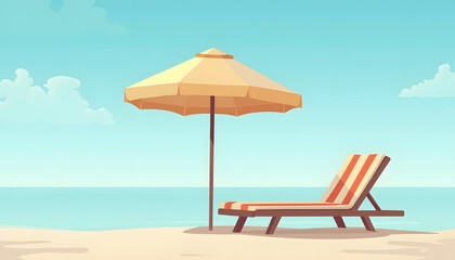 Fototapeta premium Beach scene with a parasol and lounge chairs. Represents summer vacation, relaxation, or seaside leisure. Inviting and idyllic.