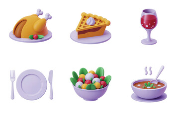 Six 3D Rendered Thanksgiving Dinner Icons Set Isolated on White Backgrounds Full HD 4K Image Download New Latest 2025 2026 Bundle Stock Photo Picture Transparent PNG Cutout 2025