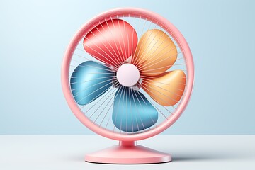 Pink Desk Fan with Colorful Blades on Light Blue Background, Minimalist Cooling Appliance Design