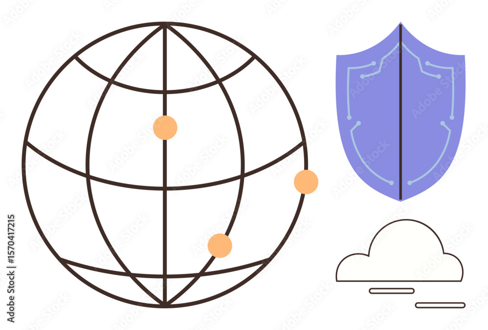 Poster globe with connected points, shield representing cybersecurity, and cloud icon depicting data storag