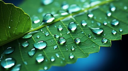 Raindrops Glistening on a Vibrant Green Leaf Nature's Delicate Beauty in High Detail