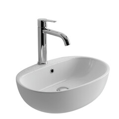 Modern chrome faucet mounted on a white oval sink with water droplets isolated on transparent background