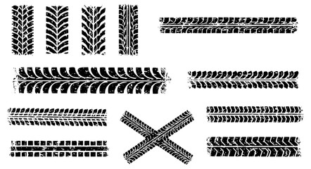 Tire tracks after skidding, launch, drift, powerslide in motorsport, rally, off-road, motocross. Wheel texture with splash effect. Vector, transparent PNG version.