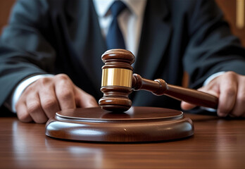 Hand knocking a wooden judge gavel