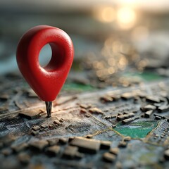Red Location Pin Marked on Artistic Map with Bokeh Background at Sunset Location