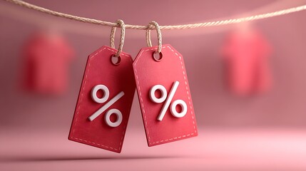 Red Price Tags with Percentage Signs Hanging on a Twine String on Pink