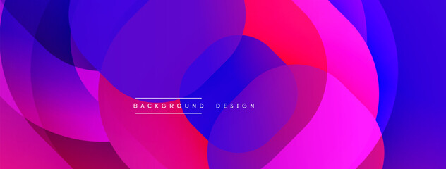 Abstract vibrant design features overlapping circles. Colors blend from pinks, purples, blues creating dynamic visual effect. Modern aesthetic.