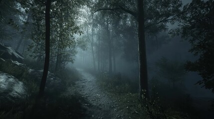 Fototapeta premium In the misty forest, dense trees stand quietly, while mist lingers in the air, evoking a peaceful, tranquil mood.