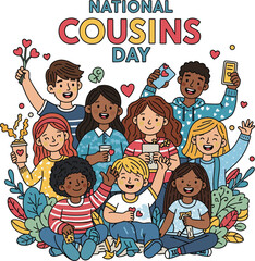 Diverse Group of Cousins Celebrating National Cousins Day with Hearts and Smiles