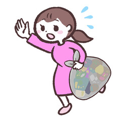 ゴミ袋を持って走る女性のイラスト