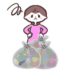 ゴミの山に困る女性のイラスト