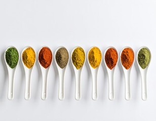Assorted spices in white ceramic spoons