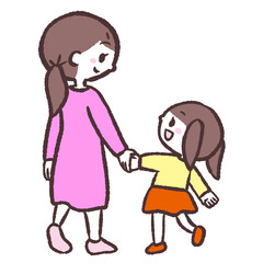 	女の子親子が手をつないで歩くイラスト