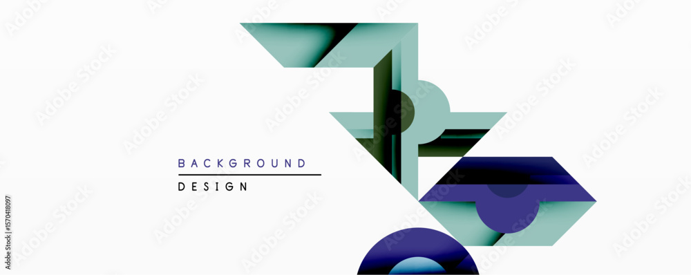 Poster abstract geometric shapes overlap, creating layered visual effect. blue, teal hues dominate design a