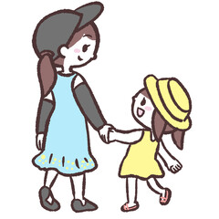 	夏の女の子親子後ろ姿のイラスト