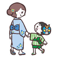 浴衣を着た男の子親子の後ろ姿のイラスト