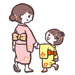 浴衣を着た女の子親子の後ろ姿イラスト