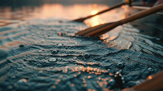Close-up of rowing oars dipping into the water at sunset.