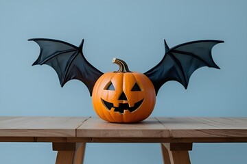 Halloween Pumpkin with Bat Wings on Wooden Table – Top-Down Minimalist Design