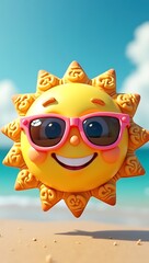 Fototapeta premium 3D render of a smiling sun cookie holding sunglasses, with textured rays resembling shortbread and glossy icing face