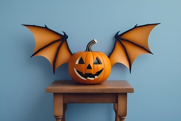 Halloween Pumpkin with Bat Wings on Wooden Table – Top-Down Minimalist Design