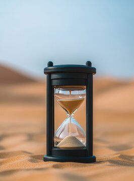 Hourglass resting on sand.
