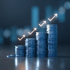 Silver Coin Stacks Show Financial Growth with Upward Arrows and Graph in Blurred Background