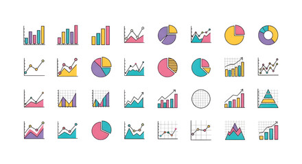 Fototapeta premium ビジネスデータグラフとチャートのアイコンセット｜統計分析、財務レポート、マーケティングプレゼンテーション用