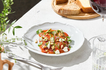Roasted peppers with feta, bright natural light, overhead composition