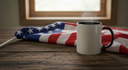 American Flag and Coffee Mug on Wooden Table - A steaming coffee mug sits beside a folded American flag on a rustic wooden table, symbolizing patriotism, remembrance, warmth, comfort, and morning