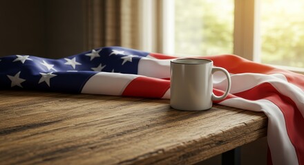 American Flag Draped Coffee Mug - A white mug rests on a rustic wooden table, partially covered by a folded American flag.