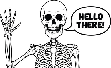 Cartoon skeleton waving hello with speech bubble saying hello there graphic