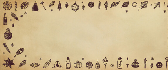 Halloween-themed background featuring beige herbs, crystals, and potion bottles, perfect for creating spooky autumnal designs and seasonal graphics.