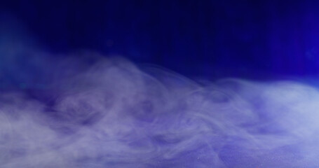 Fog cloud. Mist pigment. Defocused blue neon color smoke water acrylic ink texture floating on...