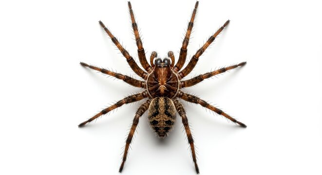 Brown Spider Close Up - Detailed close-up of a brown spider on a white background, showcasing its intricate leg structure and body markings