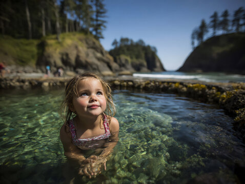 curious child exploring tide pool on beach