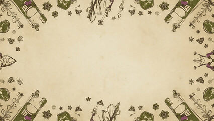 Halloween-themed background featuring beige herbs, crystals, and potion bottles, perfect for creating spooky autumnal designs and seasonal graphics.
