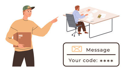 Delivery person holding a package points towards an office worker reviewing documents at a desk. Access code visible in messaging format. Ideal for logistics, security, communication, authentication