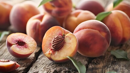 A collection of peaches on a wooden table with natural light