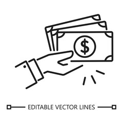Cash payment icon. Cash payment animation showing hand receiving dollar bills for fast secure transactions. Suitable for finance, banking, online payments, and ecommerce projects.