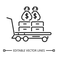 Cash trolley carrying money bags icon. Trolley carrying money and boxes, perfect for financial concepts in design projects like banners, presentations, and websites.