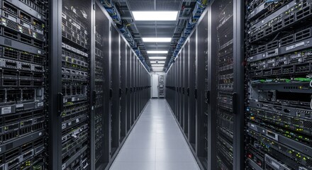 Fototapeta premium Data Center Server Room Infrastructure - High-tech server room, showcasing rows of powerful computer servers, advanced networking infrastructure, and robust data storage systems.