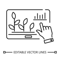 Yield prediction icon. Yield prediction icon showing hand with plant growth data screen, ideal for agriculture and technology related designs and projects.