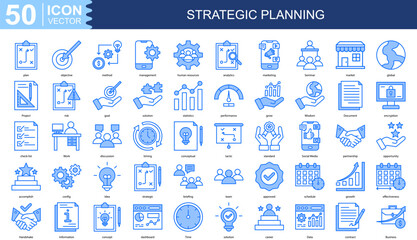 Strategic Planning icon collection set. Containing plan, objective, method, management, human resources, analytics, marketing icon