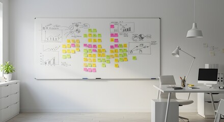 A modern minimalist office with a whiteboard and sticky notes soft natural light