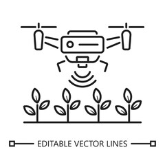 Farming drone icon. Farming drone icon shows a drone spraying plants in a vast green field. Suitable for agriculture, technology, farming concepts. Motion graphic