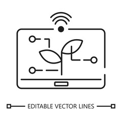 Smart farming dashboard icon. Smart farming dashboard tablet displays plant connected to data nodes for optimized growth. Suitable for agricultural technology concepts and futuristic farming